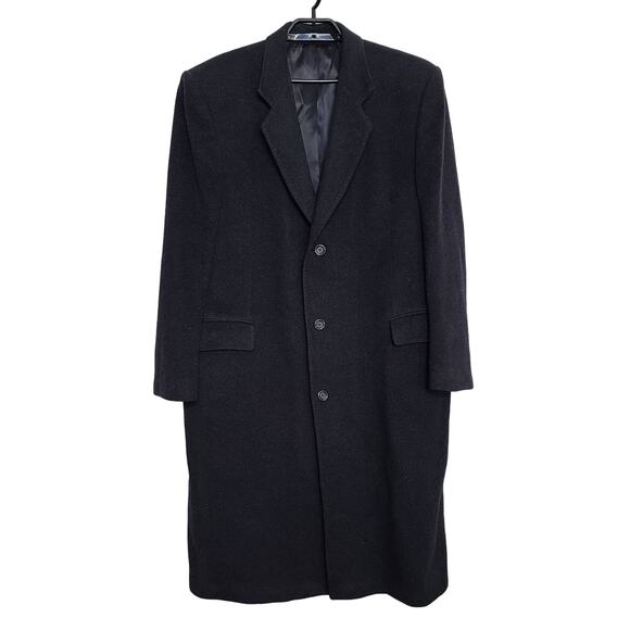 Mens Mongolian Cashmere Pea Coat 44L Black Button Front Long - Picture 1 of 7